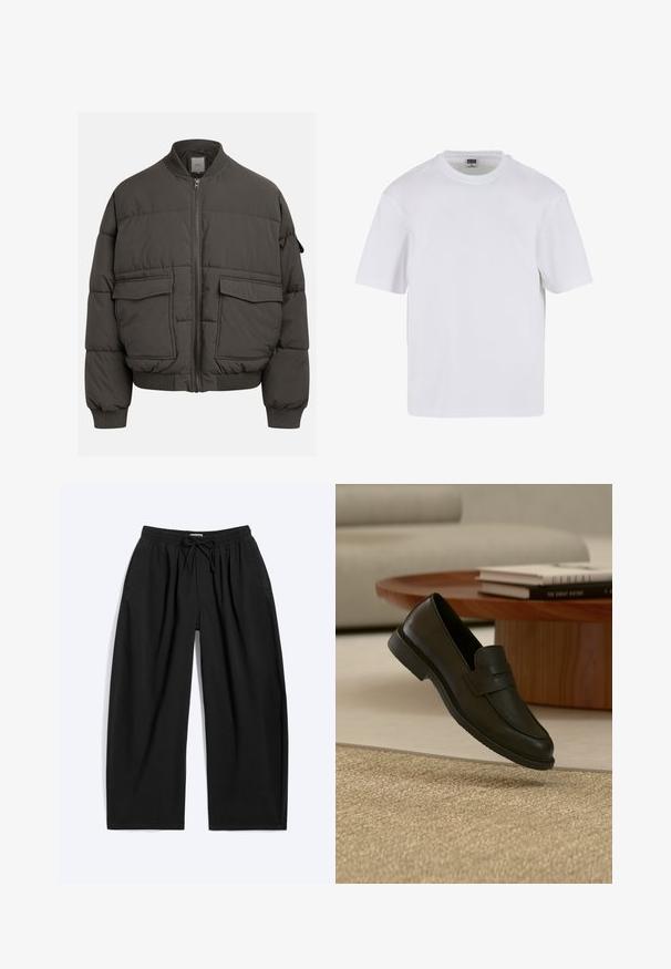 Veste en duvet gris foncé avec un col côtelé, fermeture éclair intégrale et deux poches avant. Texture matelassée avec une silhouette légèrement raccourcie.; T-shirt blanc à manches courtes en coton. Il présente un col rond et une coupe décontractée. Texture lisse, design minimaliste, sans motifs ni accents.; Pantalon noir à jambes larges avec taille élastique et cordon, avec poches latérales et coupe décontractée.; Chaussure mocassin en cuir noir présentée en suspension au-dessus d'un tapis beige tissé, avec une table en bois et des livres empilés dans un salon doucement éclairé.