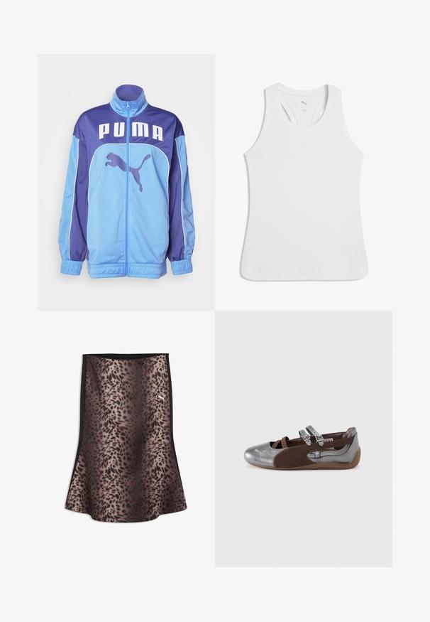 Sininen ja violetti PUMA urheiluva jacket, jossa on korkea kaulus, täysipitkä vetoketju ja joustavat hihansuu. Edessä on suuri logo ja sivussa grafiikka hyppäävästä pumasta.; Valkoinen urheilullinen tankkitoppi, jossa on pyöreä pääntie ja racerback-mallinen selkäosa. Valmistettu sileästä kankaasta, vartalonmyötäinen malli ja hillitty brändilogo.; Ruskea ja musta leopardikuvioinen urheiluhame, jossa on mustat sivupaneelit ja pieni valkoinen Puman logo yläoikealla.; Harmaa ja ruskea balettitossu, jossa on kiiltävä hopeanvärinen kärkikuviointi. Siinä on kaksi säädettävää hihnaa ja kuvioitu sivuosio. Kumipohja.