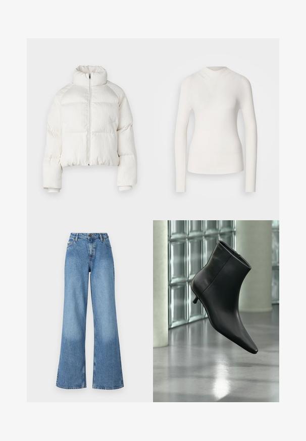 Valge lühikeste varrukatega puffjakker, millel on vertikaalne ribakujundus, kõrge krae, eesne lukuga kinnitus ja elastsed mansetid. Omab küljetaskuid.; Valge pika varrukaga topp kõrge kaelusega, ribakujuline tekstuur ja sobiv disain. Omab sujuvat välimust ja peent V-kujulist lõiget ees.; Kõrge vöökoht ja laiad sinised denimpüksid, millel on eest-vooderdatud taskud, vöökohakäigud ning nööp ja tõmblukk.; Mustast nahast pahkluu saabas terava varbaotsaga ja madala Kitsuki kontsaga, kuvatud nurga alt läikiva põranda ja klaasplokkseinaga taustal.