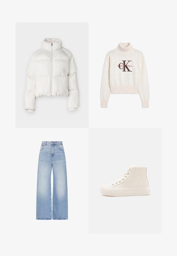 Witte cropped pufferjack met verticale ribbeltextuur, hoge kraag, ritssluiting aan de voorkant en elastische manchetten. Bevat zijzakken.; Crèmekleurige Calvin Klein coltrui met geribde manchetten en zoom, met groot zwart en rood CK-logo aan de voorkant.; Lichtblauwe high waist jeans met wijde pijpen, voorzien van een knoop- en ritssluiting aan de voorkant, zakken aan de voor- en achterkant, en een lichte distressed uitvoering op de rechterzak.; Witte hoge sneaker met dikke zool, veters aan de voorkant en subtiel Calvin Klein-logo aan de zijkant.