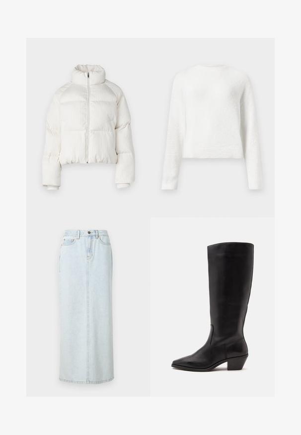 Witte cropped pufferjack met verticale ribbeltextuur, hoge kraag, ritssluiting aan de voorkant en elastische manchetten. Bevat zijzakken.; Witte lange mouwen fuzzy crewneck trui met een iets cropped pasvorm en textuurstof.; Lichtblauwe denim maxi rok met een rechte snit, voorzijde met knopen en zichtbare stiksels. Bevat twee voorzakken.; Zwarte leren laars tot half op de kuit met een puntige neus en een lage schuine hak op een effen lichte achtergrond.