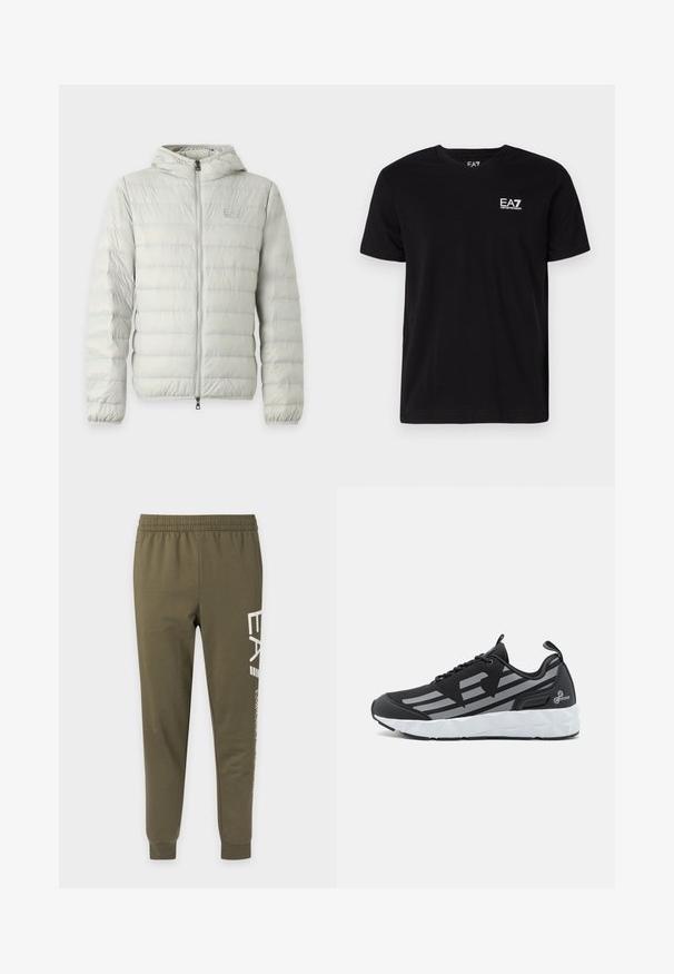 Veste matelassée gris clair avec capuche, matelassage horizontal, fermeture éclair intégrale à l'avant, poignets élastiques et logo subtil de la marque sur la poitrine.; T-shirt en coton noir avec un col en V et des manches courtes. Présente un logo EA7 blanc sur la poitrine gauche. Texture lisse, coupe standard.; Pantalon de jogging vert olive avec ceinture et poignets élastiques, avec texte blanc vertical sur la jambe droite.; Chaussures de sport noires avec une tige en mesh et des accents gris, une semelle géométrique blanche épaisse, et une languette au talon pour un enfilage facile.