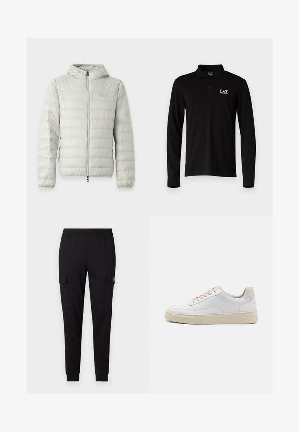 Veste matelassée gris clair avec capuche, matelassage horizontal, fermeture éclair intégrale à l'avant, poignets élastiques et logo subtil de la marque sur la poitrine.; Polo-shirt à manches longues noir en coton, avec une patte de boutonnage à trois boutons et un logo brodé blanc sur le côté gauche de la poitrine.; Pantalons de jogging noirs en tissu doux, présentant une coupe fuselée et deux poches cargo latérales avec un logo discret sur une poche.; Sneaker blanche avec un dessus en cuir lisse, des lacets beige et un onglet de talon en daim beige texturé. Semelle surélevée pour une hauteur supplémentaire.