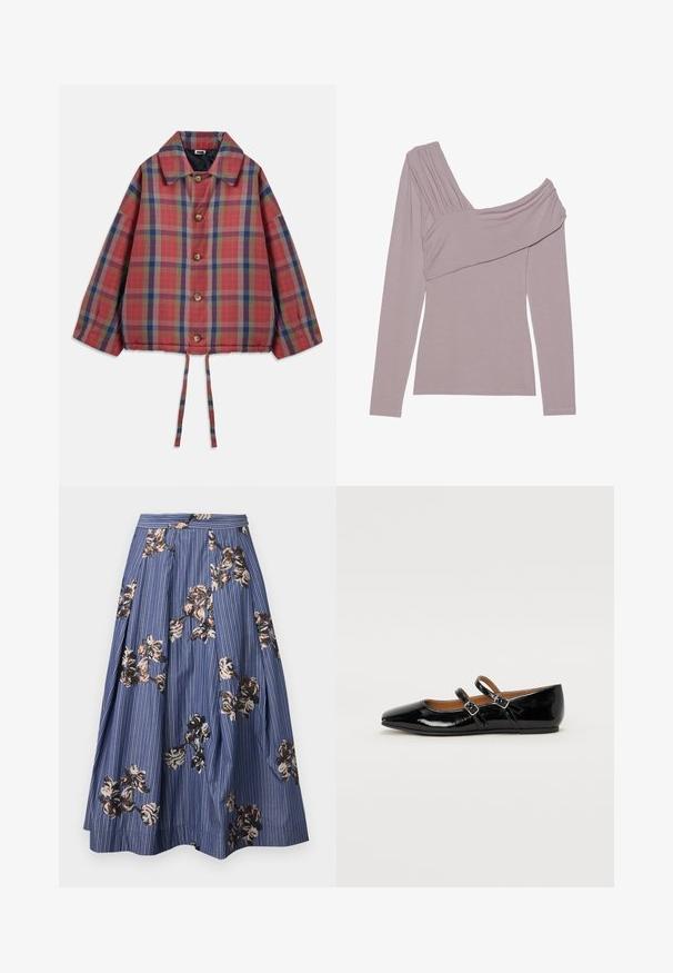 Veste à carreaux rouges et bleus avec un col, des boutons en bois, des manches larges et un bas resserré avec des liens.; T-shirt à manches longues en tissu lavande doux, présentant des détails plissés sur une épaule et un décolleté drapé. Design ajusté.; Jupe midi bleue avec fines rayures blanches et broderie dispersée de sequins floraux marron, noir et beige, avec des plis et une ceinture ajustée.; Ballerine plate en cuir verni noir avec un bout pointu, deux brides ajustables avec boucles, et une semelle plate. Texture lisse avec une finition brillante.