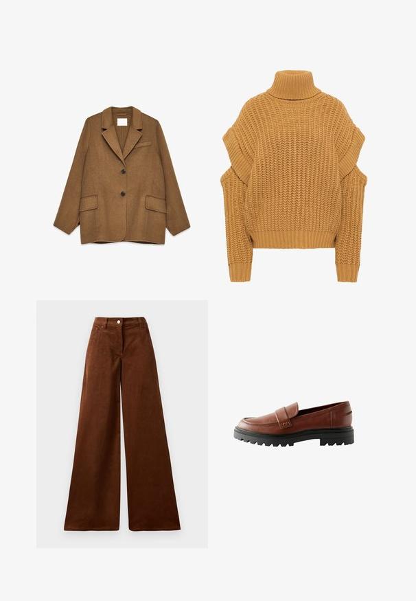 Blazer en mélange de laine brun avec revers en notch, design à un bouton, deux poches avant et une poche poitrine. Équipé de boutons noirs.; Pull en maille moutarde avec un col roulé haut, coupe oversize, poignets côtelés et épaules tombantes, présentant un motif texturé chunky.; Pantalons en velours côtelé marron à jambe large avec une taille haute, dotés d'une fermeture à boutons à l'avant et de deux poches avant. Texture douce avec des rayures verticales.; Mocassins en cuir marron avec un bout surélevé, une sangle décorative et une semelle en caoutchouc noir texturé avec un profil prononcé.