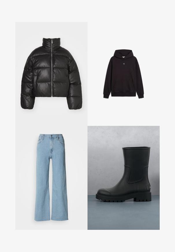 Must must kaelus, esitatud sileda nahast, millel on lukk ees ja puffitatud tikitud sektsioonid.; Must pullover-tüüpi kapuutsiga dressipluus ees taskuga ja väike ruudukujuline logo-plakk kaeluse all keskel.; Heledad sinine lai jalgadega teksapüksid, millel on vormitud vöökoht, viie tasku disain ja peened õmblused.; Musthave musta matt nahast pahkluu saabas paksu lug-nihkega tallaga, mis hõljub puidust ruutplaatide ja väikeste hallide kivikeste kohal väljas.