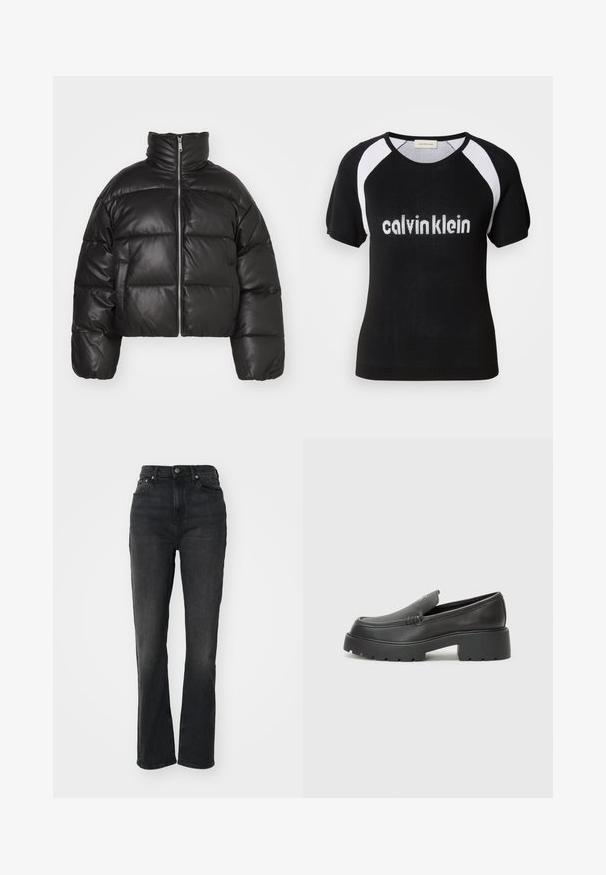 Must must kaelus, esitatud sileda nahast, millel on lukk ees ja puffitatud tikitud sektsioonid.; Must värviline lühikeste varrukatega kudum, millel on valged raglanvarrukad. Rinnal on valge "calvinklein" tekst. Ümmargune kaelus. Pehme tekstuur.; Kõrge vöökohaga mustad denimid, sirgete jalgadega, viie tasku disainiga, ees nupu kinnitusega ja minimaalsete õmbluste detailidega.; Mustad nahast loafers ümarate varvastega, paksu tekstuuriga tald ja minimaalsete õmbluse detailidega. Viimistletud disain, kus pole nähtavaid paelu ega riistu.