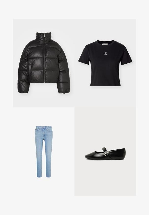 Sort cropped puffer jakke lavet af glat læder, med høj krave, frontlynlås og puffede quiltede sektioner.; Sort bomuldskortærmet T-shirt med rund hals og hvidt "cK"-logo på brystet. Designet er enkelt med en kort, tætsiddende pasform.; Lyseblå slim-fit jeans med fem lommer, knaplukning foran og lynlås, vist mod en hvid baggrund.; Sort læder Mary Jane-flad sko med rundet tå og sølvspænde på ensfarvet baggrund.