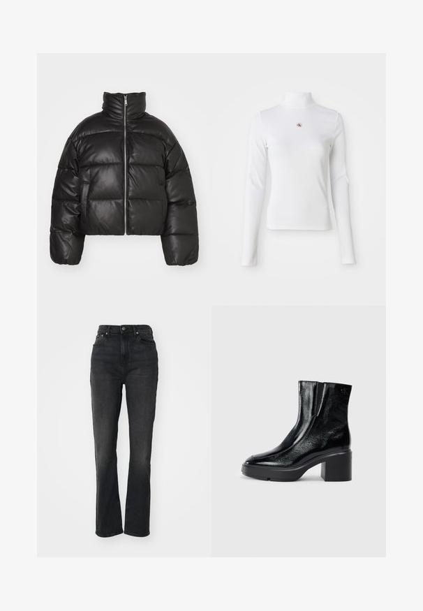 Sort cropped puffer jakke lavet af glat læder, med høj krave, frontlynlås og puffede quiltede sektioner.; Langærmet, hvid turtleneck-top lavet af ribbet materiale. Har et lille broderet logo i midten. Tæt pasform uden mønstre.; Højtaljede sorte denim jeans med lige ben, fem-lomme design, frontlukning med knap og minimal syning.; Sorte patenterede læderankelstøvler med en buet tå, elastiske sidepaneler og en kraftig blokhæl. Har et præget logo på bagsiden.