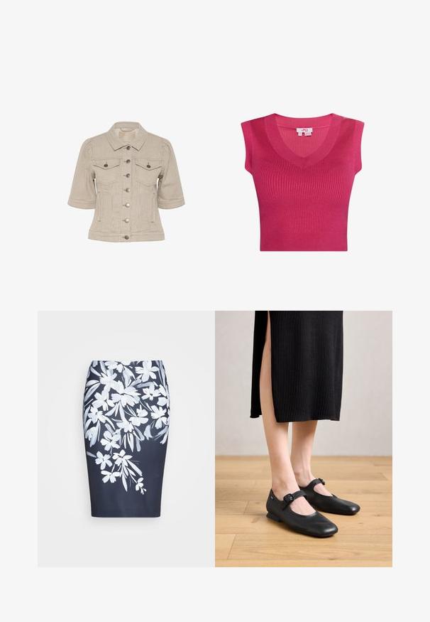 Stribet beige denimjakke med korte ærmer, knaplukning foran, to brystlommer og sølvfarvede hardwaredetaljer.; Ribbet pink ærmeløs top med V-udskæring og tætsiddende design. Stofteksturen fremstår glat og fremhæver den tætsiddende facon.; Navy blyantskirt med blomsterprint i hvide nuancer. Designet inkluderer store blomster og blade med en glat, tekstureret finish.; Sorte læder Mary Jane flade sko med en lille hæl, der har en rund tå og en sidelukning. Den strukturerede design forbedrer det visuelle indtryk.