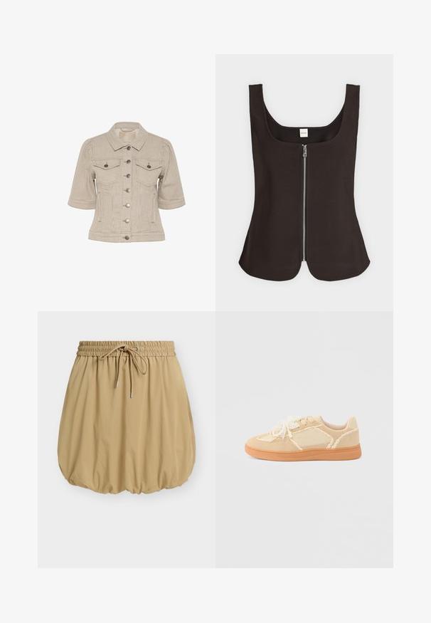 Stribet beige denimjakke med korte ærmer, knaplukning foran, to brystlommer og sølvfarvede hardwaredetaljer.; Sort ærmeløs top med firkantet halsudskæring og sølv lynlås foran, let udvidet kant, Calvin Klein mærke inden i bagkraven.; Beige bobleskjørt med elastisk talje og snøre, samlet kant der skaber en voluminøs silhuet.; Beige lavtop sneaker med snøre og sløjfe pyntet med perler på snørene, overdel i ruskind og stof samt lys brun gummisål.