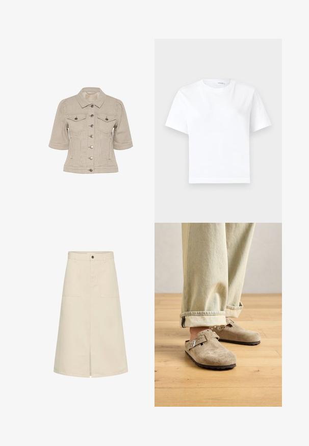 Stribet beige denimjakke med korte ærmer, knaplukning foran, to brystlommer og sølvfarvede hardwaredetaljer.; Hvid kortærmet bomuld t-shirt med rund halsudskæring og lige kant, vist på en hvid baggrund.; Midi-nederdel i cremefarvet med frontslids, to store påsyede lommer, bæltestropper og knaplukning i taljen.; Lys beige ruskindsslip-on klipklapper med metalspænde og nitte detaljer iført med opfoldede lysvaskede jeans på trægulv.