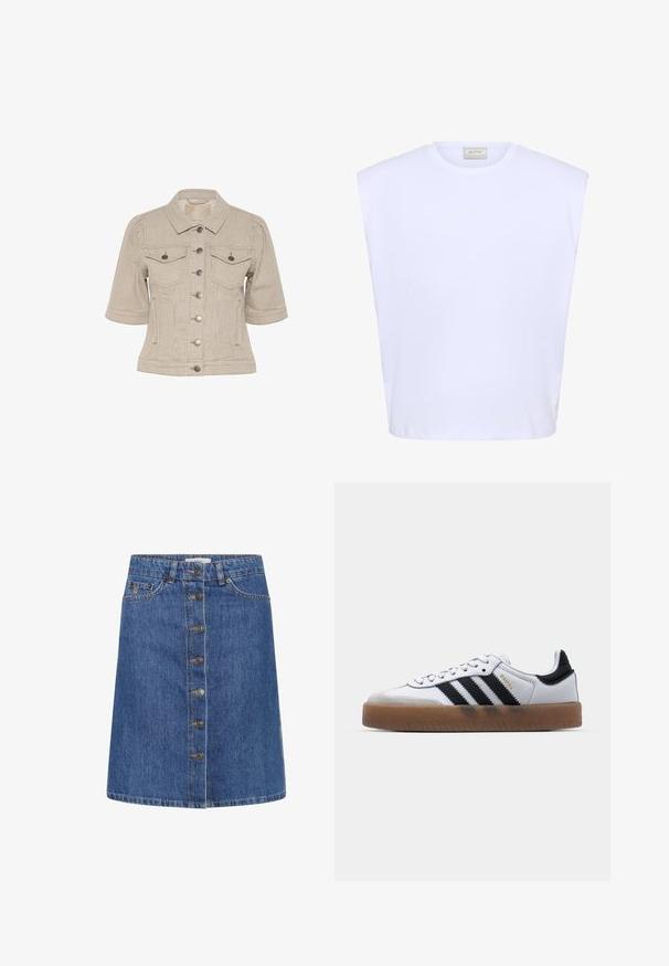 Stribet beige denimjakke med korte ærmer, knaplukning foran, to brystlommer og sølvfarvede hardwaredetaljer.; Hvid ærmeløs top med strukturerede skuldre, rund halsudskæring og subtilt præget logo foran i midten.; Blå denimnederdel med knapåbning, der har syv metalknapper, en lige pasform og kontrastsyninger langs sømmen.; Hvide lædersneakers med sorte striber, gummirubber sål, rund tå, snørelukning og blød grå ruskinds tåhætte.
