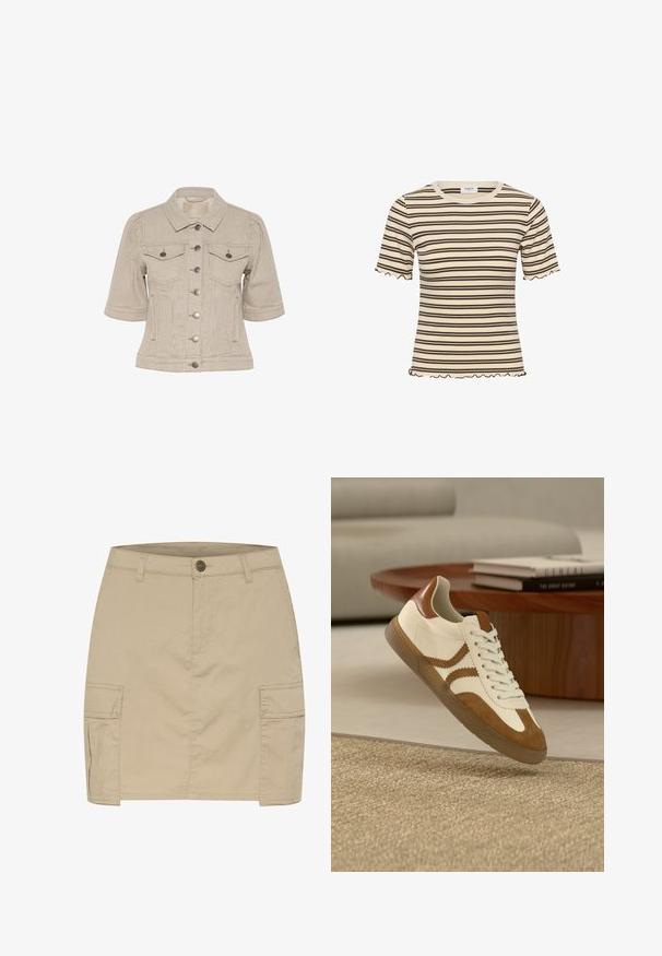 Stribet beige denimjakke med korte ærmer, knaplukning foran, to brystlommer og sølvfarvede hardwaredetaljer.; Kremfarvet kortærmet ribbet top med tynde horisontale mørkebrune striber og flæsekant på ærmer og kant.; Tannfarvet bomuldskjol med tilpasset talje, der har to sidelommer med låg og knaplukning. Glat tekstur, knælængde.; Hvide og beige sneakers med læder- og ruskindsmaterialer, rund tå, snøresystem og tekstureret gummisål med dekorative sidestriber.
