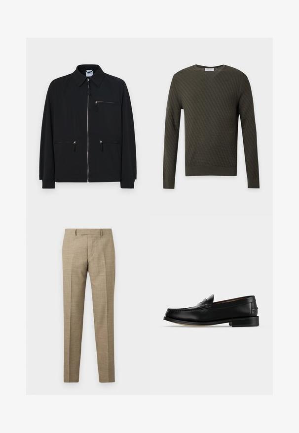 Veste noire en tissu léger, dotée d'une fermeture éclair à l'avant, de deux poches latérales et d'une poche poitrine zippée en haut.; Pull en maille vert foncé à manches longues avec un motif chevron texturé subtil et un col rond sur un fond uni.; Pantalon sur mesure beige avec passants pour ceinture, pli avant et coupe droite ajustée, présenté sur un fond clair uni.; Mocassin homme en cuir noir avec un petit talon et une couture de style mocassin sur l'avant, vu de côté sur un fond uni.