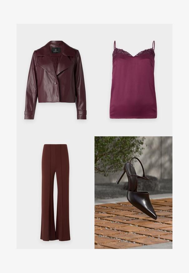 Veste courte en cuir bordeaux avec un col en V, fermeture à boutons et manches longues. Texture lisse avec des épaules et des poignets structurés.; TWINSET WOVEN TOP - Débardeur - bordeaux; Pantalons large marron à taille haute, en tissu lisse avec des coutures verticales à l'avant et un ourlet propre.; Mule noire brillante à talons hauts avec bout pointu et bride à la cheville, suspendue au-dessus d'une surface carrelée en terre cuite avec des interstices remplis de gravier.