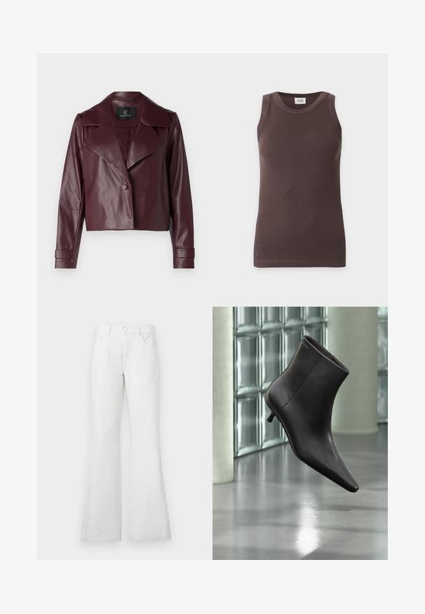 Veste courte en cuir bordeaux avec un col en V, fermeture à boutons et manches longues. Texture lisse avec des épaules et des poignets structurés.; Débardeur marron côtelé sans manches avec col rond, présenté sur un fond clair uni.; Jean en denim blanc évasés avec une taille haute, dotés de poches avant, passants de ceinture et une fermeture à bouton classique. Texture lisse, design décontracté.; Bottine en cuir noir avec bout pointu et petit talon, présentée devant un mur en blocs de verre et un sol poli.