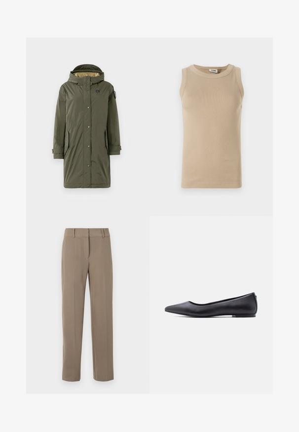 Olivi vihreä parka-takki, jossa on huppu, napit edessä, kaksi sivutaskua ja sileä pinta. Vuori kevyttä vaaleaa kangasta.; Beige ilmanhihaista toppia, joka on valmistettu ribbikankaasta, pyöreällä kaula-auolla, jossa on sävyyn sopivaa ompelua ja tiukka malli.; Suorat hiekansävyiset housut, joissa on vyölenkit ja edessä vetoketjusuljenta valkoisella taustalla.; Musta kärjestään terävä, matalakorkoinen nahkainen tasapohjakenkä, esitetty sivuprofiilissa valkoista taustaa vasten.