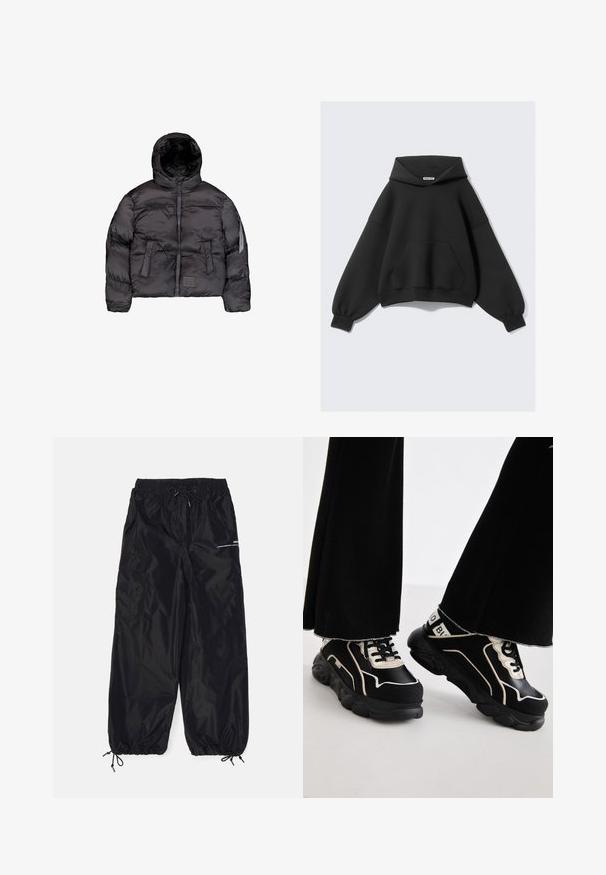 Chaquetón negro acolchado con capucha, que cuenta con un cierre frontal, textura acolchada y dos grandes bolsillos delanteros. Bolsillo lateral con cremallera para almacenamiento adicional.; Sudadera negra con capucha, de ajuste holgado, mangas largas y un bolsillo delantero. Hecha con tela suave y de textura lisa.; Pantalones cargo negros hechos de nailon brillante con una cinturilla elástica, cordón ajustable, bolsillos laterales y puños elásticos.; Zapatillas negras con acentos blancos, con un acabado liso, diseño en capas, suela texturizada y cordones prominentes. Silueta plana y ancha.