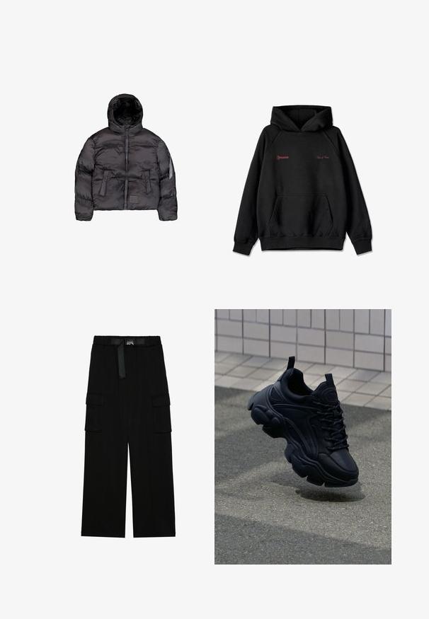 Schwarze Pufferjacke mit Kapuze, ausgestattet mit einem Reißverschluss vorne, gestepptem Design und zwei großen Fronttaschen. Seitliche Reißverschlusstasche für zusätzlichen Stauraum.; Schwarzer Kapuzenpullover mit vorderer Tasche, rotem Text "Pegador" und "Values & Visions" auf der Brust sowie dezentem Stickerei auf dem linken Ärmel.; Schwarze Cargohosen mit weitem Bein, elastischem Bund und einem Gürtel sowie zwei großen Seitentaschen für zusätzlichen Stauraum.; Schwarze Leder-Sneaker mit einem klobigen Design, ausgestattet mit einer dicken Sohle, strukturierten Einsätzen und schwarzen Schnürsenkeln. Schwebt über einem grauen Gehweg.