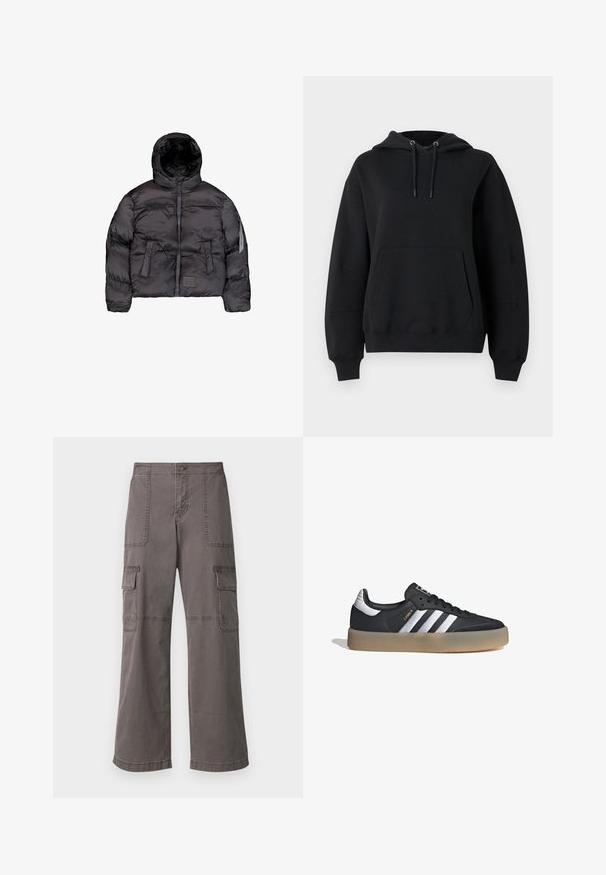Chaquetón negro acolchado con capucha, que cuenta con un cierre frontal, textura acolchada y dos grandes bolsillos delanteros. Bolsillo lateral con cremallera para almacenamiento adicional.; Sudadera negra de gran tamaño con cordones, puños acanalados, bolsillo frontal tipo canguro y un ajuste holgado sobre un fondo blanco.; Pantalones de carga grises de algodón con un diseño de pierna ancha, que cuentan con dos bolsillos delanteros, dos bolsillos laterales y detalles de costura visibles.; Zapatilla deportiva de cuero negro con tres rayas plateadas, punta texturizada y suela de goma. Cuenta con un collar acolchado y un diseño con cordones.