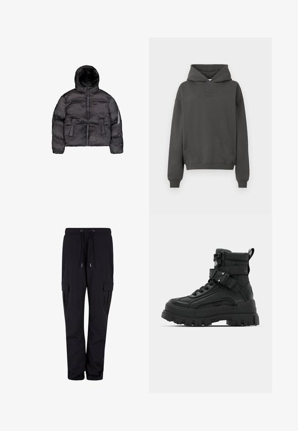 Chaquetón negro acolchado con capucha, que cuenta con un cierre frontal, textura acolchada y dos grandes bolsillos delanteros. Bolsillo lateral con cremallera para almacenamiento adicional.; Sudadera gris oscuro hecha de un material suave, con capucha ajustable, puños acanalados y un logo discreto impreso en la parte frontal.; Pantalones cargo negros de tejido suave, con cintura elástica y cordones, y bolsillos laterales. Diseño de pierna recta.; Botas negras hasta el tobillo con un upper texturizado, suela gruesa, parte delantera con cordones y correa ajustable que presenta un detalle de logo. Suela de goma con dibujo pronunciado.