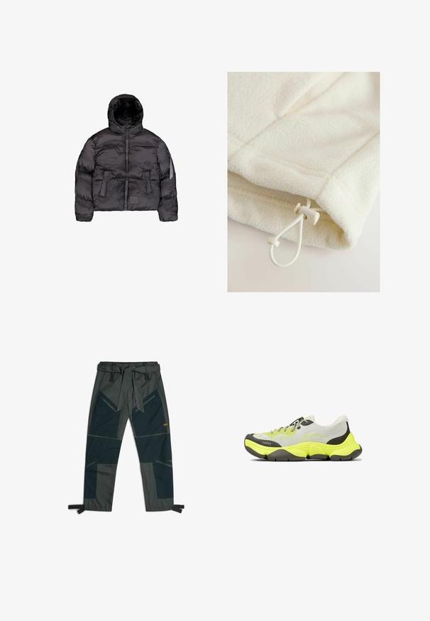 Zwarte pufferjack met capuchon, voorzien van een ritssluiting aan de voorkant, gequiltde textuur en twee grote voorzakken. Zijritszak voor extra opslag.; Fleece kledingstuk in off-white met een zachte textuur, voorzien van een touwtje met schuifknop voor verstelbaarheid aan de zoom.; Broek met een riem, voorzien van een mix van donkergroene en grijze stoffen, hoekig patchworkontwerp, meerdere zakken en verstelbare enkelbandjes.; Laag uitgesneden sneaker met een neongele en grijze chunky zool, lichtgrijs mesh bovenwerk, zwarte accenten en gemusterde grijze veters.