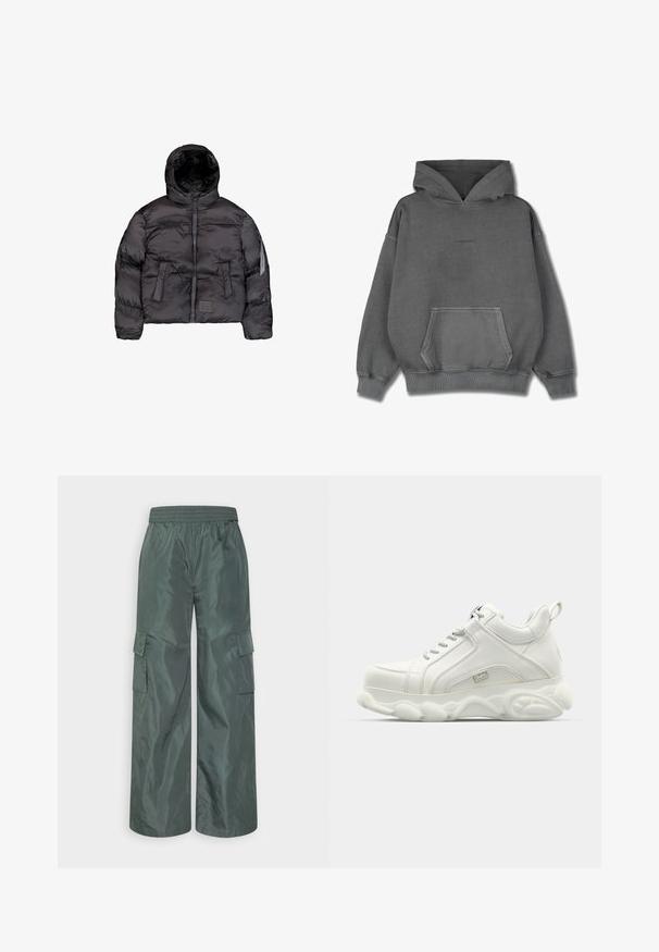 Sort dunjakke med hætte, der har en frontlynlås, quiltet tekstur og to store frontlommer. Lomme i siden med lynlås til ekstra opbevaring.; Pegador CLARITA LOGO OVERSIZED HOODIE - Hættetrøje - vintage grey grey gum; Even&Odd Cargobukser - dark green; Hvide atletiske sneakers med en glat læderoverdel, rund sål og tekstureret accent. Har snørebånd og en slippe-strop bagpå.