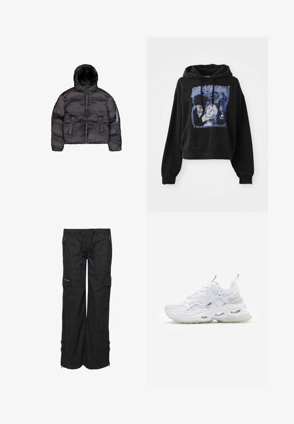 Sort dunjakke med hætte, der har en frontlynlås, quiltet tekstur og to store frontlommer. Lomme i siden med lynlås til ekstra opbevaring.; Sort cropped hoodie lavet af bomuld med snøre i hætten. Har et grafisk print i blå, der viser tegn og tekst.; Sorte cargo bukser lavet af letvægtsstof. Har elastisk talje, flere lommer og lynlåse i kanten. Tekstur overflade.; Hvide sneakers med en kraftig sål, lagdelt mesh og syntetisk overdel, med mønstrede detaljer, snøresystem og hæl-dragtag.
