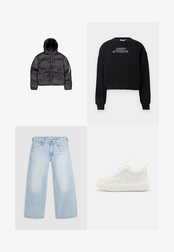 Zwarte pufferjack met capuchon, voorzien van een ritssluiting aan de voorkant, gequiltde textuur en twee grote voorzakken. Zijritszak voor extra opslag.; Zwarte cropped sweatshirt van katoen met lange mouwen. Bevat "OBEY STUDIOS" geborduurd in het wit op de voorkant. Eenvoudig ontwerp.; Lichtblauwe wijde jeans gemaakt van denim. Kenmerken zijn een rechte snit, een vijfzakkenontwerp en een knoopsluiting aan de taille.; Witte leren sneakers met een stevige zool, vetersluiting en subtiele branding. Heeft een zachte textuur en een ronde neus.