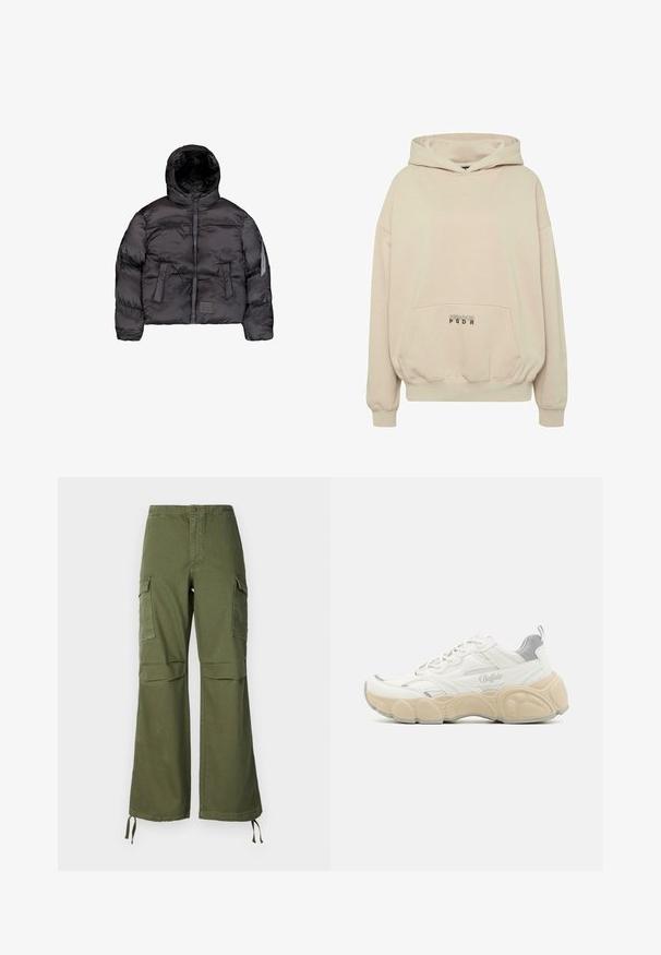 Sort dunjakke med hætte, der har en frontlynlås, quiltet tekstur og to store frontlommer. Lomme i siden med lynlås til ekstra opbevaring.; Beige hættetrøje med en forlomme, ribbede manchetter og snøre i hætten. "PECADOR PGDR" tekst trykt på lommedelen.; Olivengrønne cargo-buksen i bomuld med bred ben-design, to sidelommer og justerbare snore ved kanten.; Hvide sneakers med mesh og glat læderoverdel, der har en polstret krave, tekstureret gummisål og diskrete metalliske accenter.