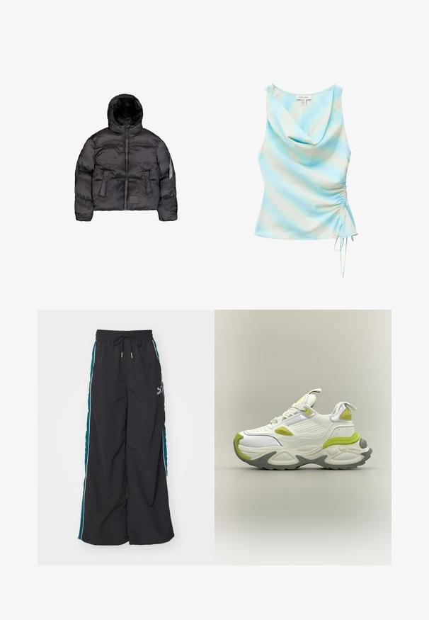 Sort dunjakke med hætte, der har en frontlynlås, quiltet tekstur og to store frontlommer. Lomme i siden med lynlås til ekstra opbevaring.; Ærmeløs lyseblå og hvid tie-dye top med draperet halsudskæring og justerbar rynket sidesnor.; Sorte bukser med bred benvidde, som har en snøre i taljen, teal-farvede sidelægger og hvide accentstriber. Fremstillet af et glat og let materiale.; Hvide og lysegrønne chunky sneakers med tyk sål, snørebånd foran og trækstropper på tunge og hæl, vist på neutral baggrund.