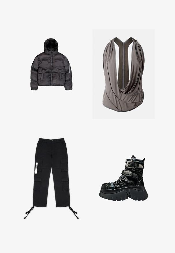 Chaquetón negro acolchado con capucha, que cuenta con un cierre frontal, textura acolchada y dos grandes bolsillos delanteros. Bolsillo lateral con cremallera para almacenamiento adicional.; Prenda gris sin mangas con múltiples cremalleras que delinean la tela drapeada y un cierre central con cremallera en la espalda.; Pegador TANAMI WIDE PANTS - Pantalones cargo - black; Bota negra de plataforma con suela gruesa, múltiples correas texturizadas, hebillas plateadas, detalles decorativos metálicos y detalles con tachuelas.
