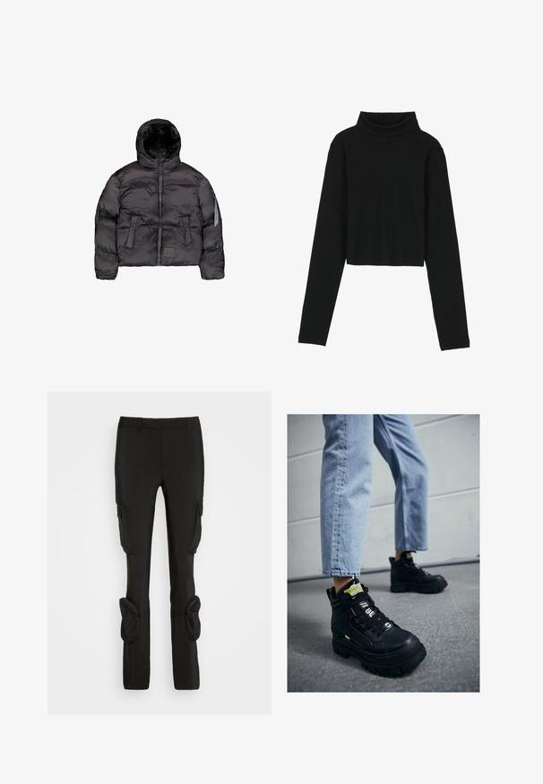 Sort dunjakke med hætte, der har en frontlynlås, quiltet tekstur og to store frontlommer. Lomme i siden med lynlås til ekstra opbevaring.; Even&Odd Langærmet T-shirt - black; Weekday ILA CARGO TROUSER - Cargobukser - black; Sorte højtop sneakers med en chunky sål, med snørebåndsdesign, logo accenter og gule tags. Worn med lyseblå cropped jeans.