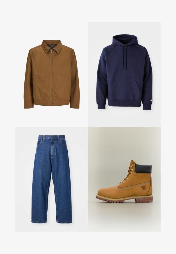Veste zippée marron avec un col, des manches longues et deux poches avant ; texture lisse et design minimaliste sans motifs visibles.; Hoodie à capuche de couleur bleu marine en tissu doux. Il dispose d'une poche kangourou, d'un cordon de serrage à capuche et de poignets côtelés. Agrémenté d'un logo sur la manche.; Jean large en denim bleu foncé. Présente une taille haute, des passants de ceinture et un design classique à cinq poches. Ourlet piqué avec une finition soignée.; Bottine en cuir marron avec col noir, lacets jaunes et semelle beige. Présente un logo et des détails de couture blanche. Semelle extérieure à traction robuste.
