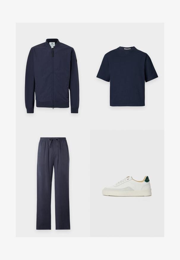 Veste bombardier navy avec fermeture éclair, poignets et ourlet côtelés, et deux poches latérales. Fabriquée en matériau lisse et léger.; T-shirt à manches courtes bleu marine avec un col en V, fabriqué dans un matériau doux, avec une coupe décontractée et un design minimaliste, sans motifs ni accessoires visibles.; Pantalons bleu marine, amples, en tissu doux avec une taille élastique et un cordon de serrage ajustable. Jambes droites, sans poches.; Baskets blanches avec des accents en daim, bout arrondi, lacets plats et semelle en caoutchouc crème. Présente une marque verte sur le talon.
