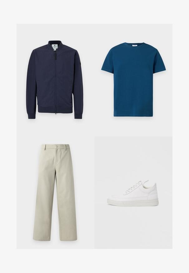 Veste bombardier navy avec fermeture éclair, poignets et ourlet côtelés, et deux poches latérales. Fabriquée en matériau lisse et léger.; T-shirt bleu foncé à col rond en coton doux, avec des manches courtes et une texture simple et lisse, coupe droite.; Han Kjøbenhavn WIDE LEG - Pantalon classique - light grey; Baskets en cuir blanc avec un embout arrondi, une semelle plate et un laçage à l'avant. Présentent des détails de couture et un col rembourré pour plus de confort.