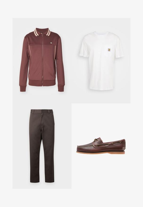 Ellesse MERANA - Μπουφάν προπόνησης - brown; Λευκό βαμβακερό T-shirt με κοντά μανίκια, τσέπη στο στήθος και ένα μικρό τετράγωνο λογότυπο σε πορτοκαλί και λευκό στην τσέπη.; Καφέ βαμβακερά chino με σχεδιασμό ίσιας γραμμής, μπροστινές τσέπες, θηλιές ζώνης και λεία υφή. Χωρίς ορατά σχέδια ή διακοσμητικά στοιχεία.; Καφέ δερμάτινο παπούτσι για ιστιοπλοΐα με λευκά ραφές, λεπτομέρειες κορδονιών και ταμπά λαστιχένια σόλα, εμφανιζόμενο από το πλάι σε λευκό φόντο.