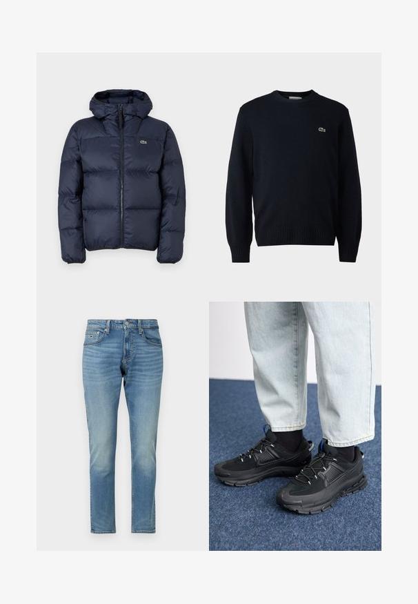 Marineblaue gepolsterte Jacke mit Reißverschluss vorne und Kapuze. Verfügt über ein gestepptes Design und ein kleines gesticktes Logo auf der Brust. Glattes, synthetisches Material.; Marineblauer Rundhalsausschnitt-Pullover aus weichem Material mit gerippten Bündchen und Saum. Kleines grünes Lacoste-Logo auf der Brust.; Hellblaue Jeans aus Denim mit geradem Schnitt. Verfügt über ein klassisches Fünf-Taschen-Design, regulären Taillenbund und dezente Verfärbungen im Stoff.; Schwarze Sportschuhe aus strukturiertem Stoff mit Gummisohlen, ausgestattet mit elastischen Schnürsenkeln und einem blauen Akzent an der Ferse. Getragen mit hellen Jeans.