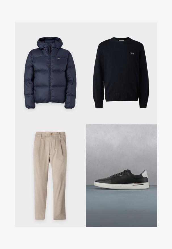 Marinblå polstret jakke med lynlås foran og hætte. Har quiltet design og lille broderet logo på brystet. Glat, syntetisk stof.; Marine crew-neck sweater lavet af blødt materiale, med ribbede manchetter og kant. Lille grønt Lacoste-logo på brystet.; Beige kordfløjspants med elastisk talje, knaplukning og plisseelementer, har et lige ben-design og struktureret stof.; Sort lædersneaker med hvid sål, har perforeringer, snørebåndsdesign, logo på siden og kontrasterende hældetalje i hvid og brun.