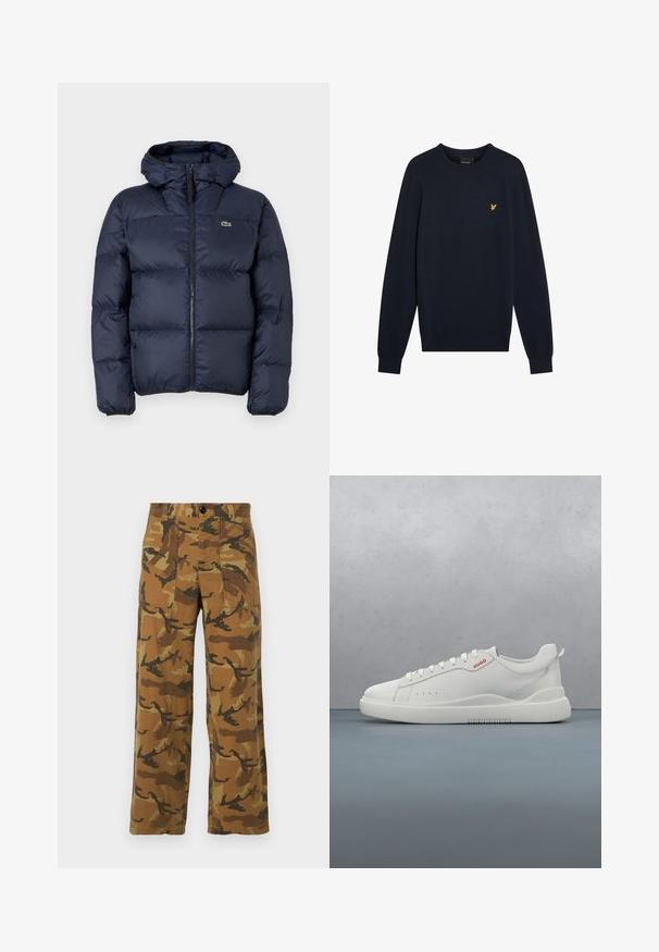 Marinblå polstret jakke med lynlås foran og hætte. Har quiltet design og lille broderet logo på brystet. Glat, syntetisk stof.; Marineblå strikket sweater med rund hals, lange ærmer og et lille gult ørnemblem på brystet. Glat tekstur, tætsiddende manchetter.; Camo-mønstrede cargo bukser i brune og grønne nuancer, lavet af letvægtsstof, med fire lommer og knaplukning.; Hvide sneakers med en glat læderfinish, rund tå, fire snørehuller, subtile perforeringer og en rød logo detalje på siden.
