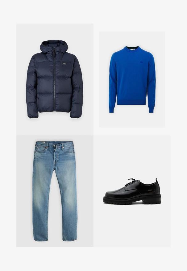 Marineblaue gepolsterte Jacke mit Reißverschluss vorne und Kapuze. Verfügt über ein gestepptes Design und ein kleines gesticktes Logo auf der Brust. Glattes, synthetisches Material.; Blauer Strickpullover mit rundem Halsausschnitt, langen Ärmeln, gerippten Bündchen und Saum sowie einem kleinen gestickten Logo auf der linken Brust. Glatte Textur.; Hellblaue Jeans aus Denim mit geradem Bein, ausgestattet mit einem Fünf-Taschen-Design, kupferfarbenen Beschlägen und subtiler Ausbleichung des Stoffes.; Schwarzer polierter Lederschnürschuh mit dicker Gummisohle und niedrigem Absatz, seitlichem Marken-Schriftzug "SAMSOE" und hinterer Zuglasche.