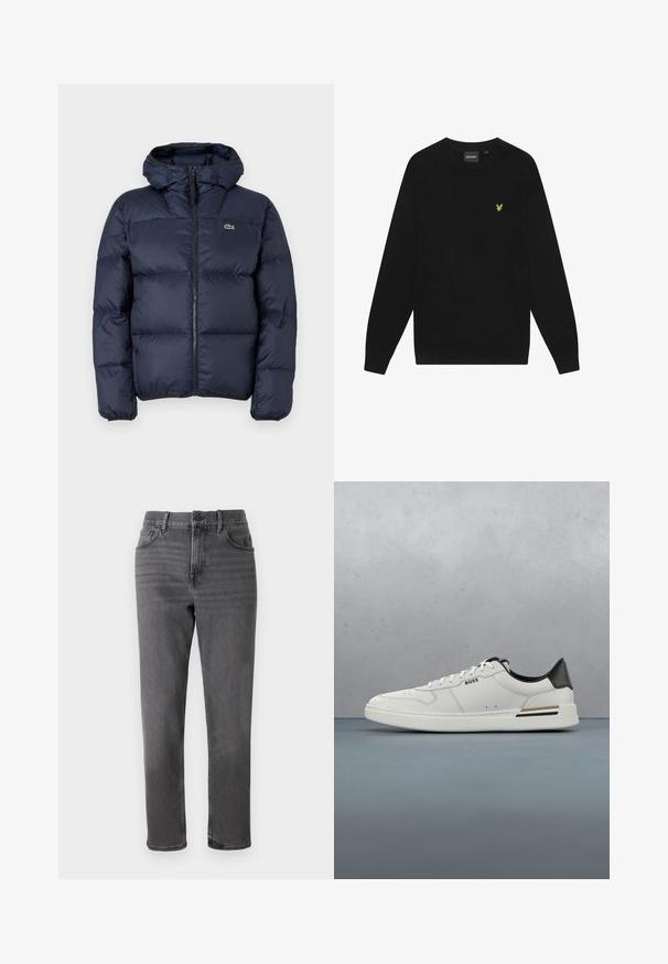 Marinblå polstret jakke med lynlås foran og hætte. Har quiltet design og lille broderet logo på brystet. Glat, syntetisk stof.; Sort bomulds sweatshirts med lange ærmer og rund hals. Har et lille gult ørnelogo på brystet. Blød tekstur.; Grå denim jeans med lige ben design, der har fem lommer og en frontknaplukning. Glat tekstur med subtil falmning.; Hvide lavtoppede sneakers med sort hæl, snørebånds lukning, subtile perforeringer og "BOSS" logo på siden, vist fra ydersiden i profil.
