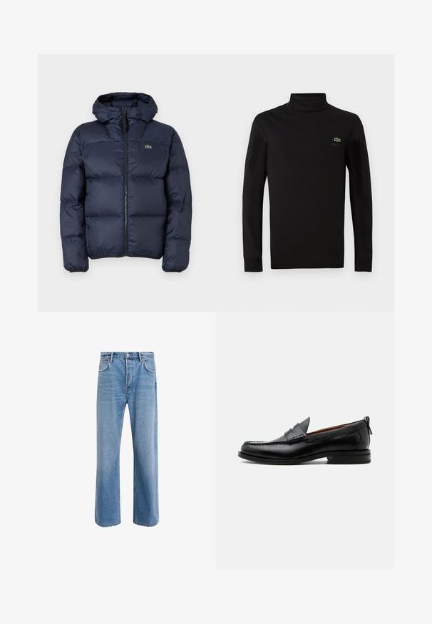 Marinblå polstret jakke med lynlås foran og hætte. Har quiltet design og lille broderet logo på brystet. Glat, syntetisk stof.; Sort langærmet turtleneck lavet af glat bomuldsstof, med et lille grønt krokodillelogo på venstre bryst.; Lyseblå denim jeans med lige ben-design, fem lommer, knaplukning, minimal falming og kontraststingdetaljer.; Sort læder herre loafer med moc-tå syning, penny strop, struktureret krave og lav stablet hæl på hvid baggrund.