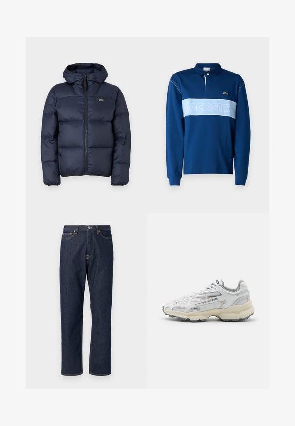 Marineblaue gepolsterte Jacke mit Reißverschluss vorne und Kapuze. Verfügt über ein gestepptes Design und ein kleines gesticktes Logo auf der Brust. Glattes, synthetisches Material.; Marineblaues langärmeliges Polohemd mit einem hellblauen horizontalen Streifen, auf dem der Text "LACOSTE" steht, aus weichem Stoff und mit einem Kragen, der drei Knöpfe hat.; Dunkelblaue Denimjeans mit geradem Bein-Design. Verfügt über einen Knopf- und Reißverschluss, fünf Taschen und Kontrastnähte.; Weiße Sportschuhe mit grauen Akzenten, Obermaterial aus Mesh und Synthetik, Schnürdesign und rutschfester Gummisohle mit Strukturmustern.