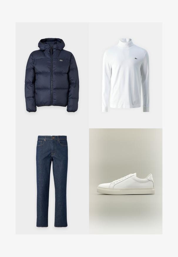 Marineblaue gepolsterte Jacke mit Reißverschluss vorne und Kapuze. Verfügt über ein gestepptes Design und ein kleines gesticktes Logo auf der Brust. Glattes, synthetisches Material.; Weißes Langarm-Turtleneck-Shirt aus weichem Stoff, mit einem kleinen grünen gestickten Logo auf der Brust und schmalen Bündchen.; Dunkelblaue Jeans aus Denim mit geradem Bein, ausgestattet mit einem Knopfverschluss, fünf Taschen und kontrastierenden Nähten.; Weißer Sneaker mit niedrigem Schaft, vorn mit Schnürung und dicker Sohle, aus der Seitenansicht vor neutralem Hintergrund.
