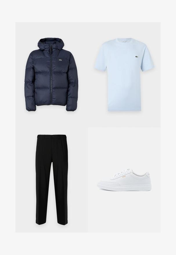 Marineblaue gepolsterte Jacke mit Reißverschluss vorne und Kapuze. Verfügt über ein gestepptes Design und ein kleines gesticktes Logo auf der Brust. Glattes, synthetisches Material.; Helles blaues T-Shirt mit kurzen Ärmeln aus weichem Baumwollmaterial. Verfügt über ein kleines grünes gesticktes Krokodil-Logo auf der Brust.; Schwarze Hosen aus glattem Stoff, mit geradem Schnitt, zwei vorderen Taschen und einem Reißverschluss mit Knopfverschluss.; Weiße Leder-Sneaker mit glatter Textur, runder Zehenpartie und tonal abgestepptem Design. Mit blauen Schnürsenkeln und einem goldenen Logo an der Seite.