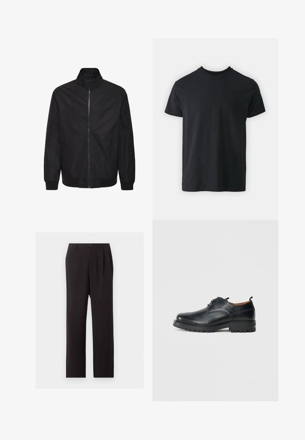 Veste noire zippée avec col montant, manches longues, poches latérales, poignets et ourlet côtelés, présentée sur un fond blanc.; T-shirt noir en coton à manches courtes avec un col rond et une coupe décontractée. Texture lisse et ourlet droit, sans graphismes ni motifs visibles.; Pantalon habillé noir à jambes droites, fermeture par bouton et fermeture éclair, passants pour ceinture et plis subtils à l'avant.; Chaussures derby en cuir noir avec une texture lisse, bout rond, design à lacets et une semelle en caoutchouc épaisse et robuste.