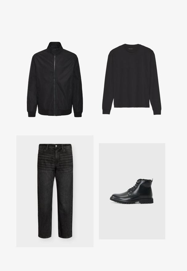 Veste noire zippée avec col montant, manches longues, poches latérales, poignets et ourlet côtelés, présentée sur un fond blanc.; T-shirt noir à manches longues en coton doux. Dispose d'un col rond classique, de poignets côtelés et d'une coupe décontractée. Design simple, sans motifs.; Jeans en denim noir avec une coupe droite, présentant une taille mi-haute, cinq poches et une fermeture à bouton en métal. Texture lisse avec des décolorations subtiles.; Bottines noires en cuir avec un bout arrondi, un laçage à l'avant, des côtés texturés et une semelle robuste pour une bonne adhérence. Dotées d'une languette à l'arrière.