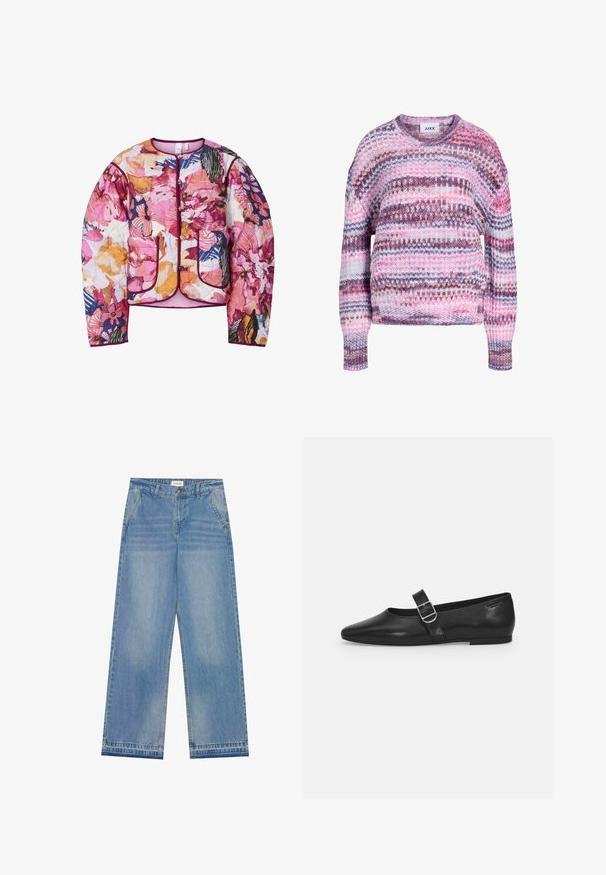Gepatchte Bomberjacke mit einem mehrfarbigen Blumenmuster in Pink, Orange und Blau, mit gerippten Bündchen und zwei aufgesetzten Taschen vorne.; Grob gestrickter Pullover mit pinken, violetten, weißen und braunen horizontalen Streifen sowie geripptem Rundhalsausschnitt und Bündchen.; Helle blaue hochgeschnittene Schlagjeans mit Knopfverschluss, Fronttaschen, Gürtelschlaufen und subtilen Ausbleichungen.; Schwarzer Lederflatschuh mit runder Zehenform, einem verstellbaren Schnallenriemen und einer glatten, glänzenden Oberfläche. Minimalistisches Design mit einem niedrigen Absatz.